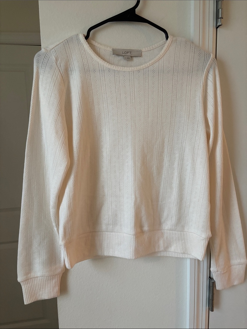 LOFT Cream Open-Knit Crewneck Sweater